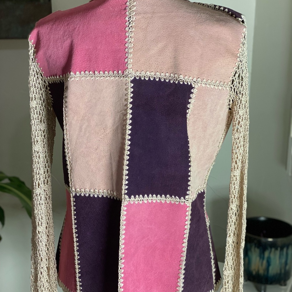 Colorful Patchwork Suede Jacket- Vintage-Kroshetta Papillon, with Crochet Trim - Picture 7 of 8